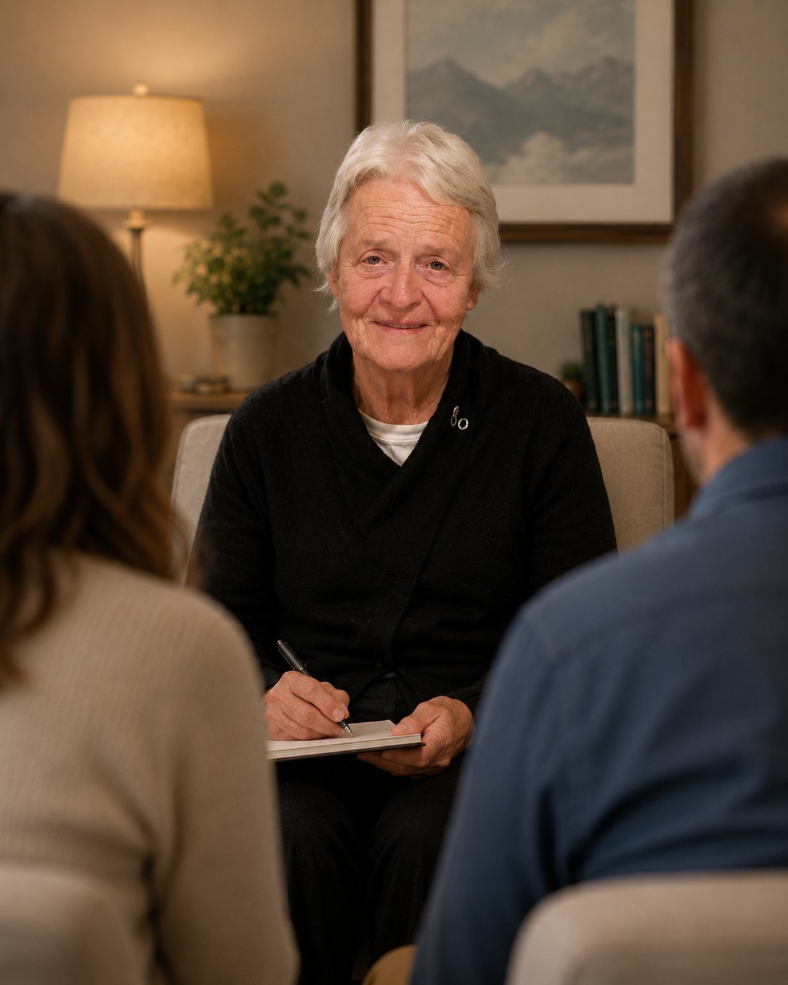 Elderly woman in black blazer smiling during a meeting with two other people in an office setting