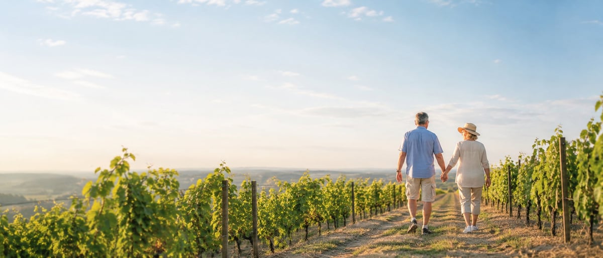 Couple walking through terraced vineyard rows at sunset with valley landscape in background