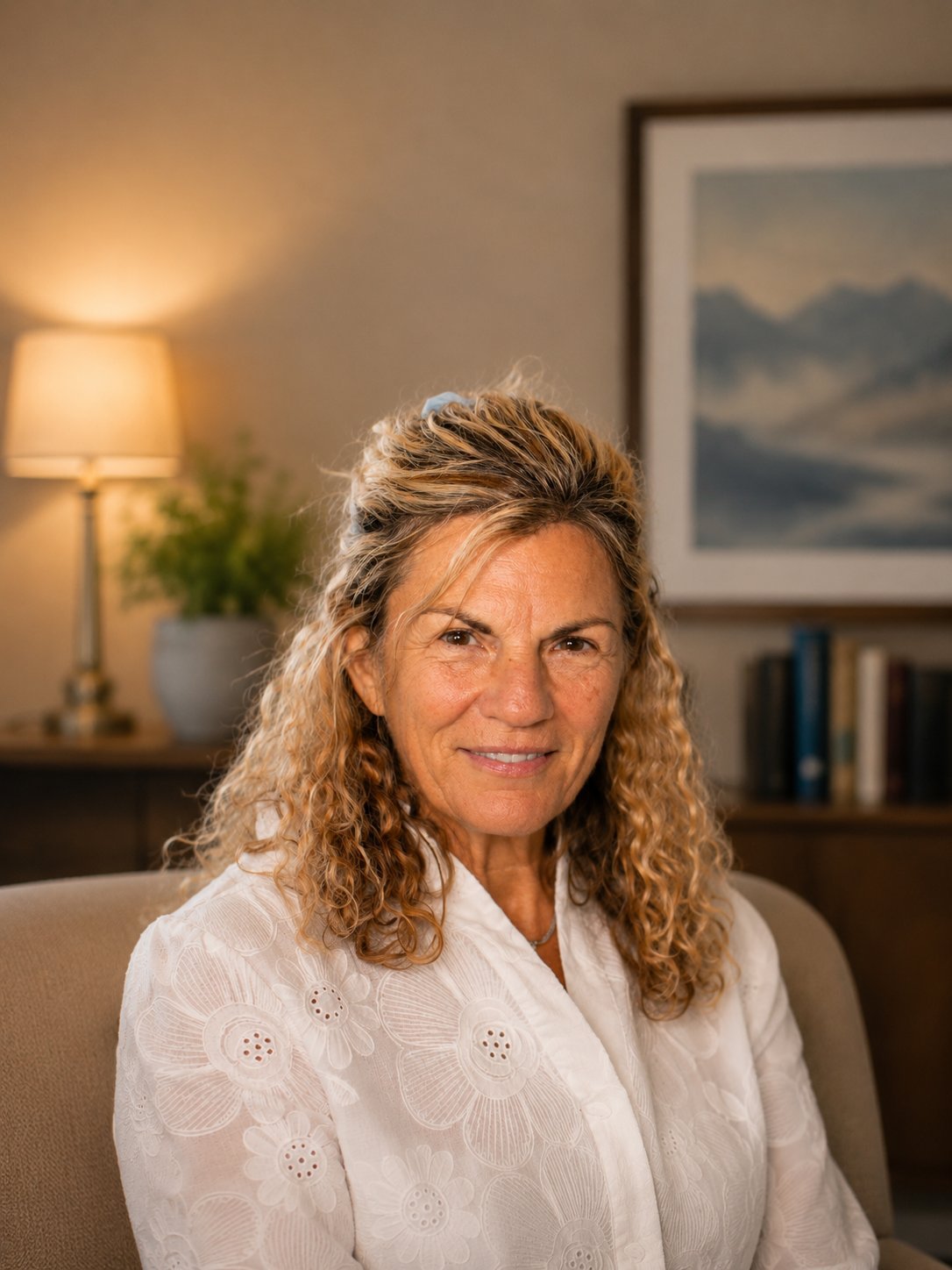 Woman with long curly blonde hair wearing a white embroidered blouse, smiling at camera in a home office setting